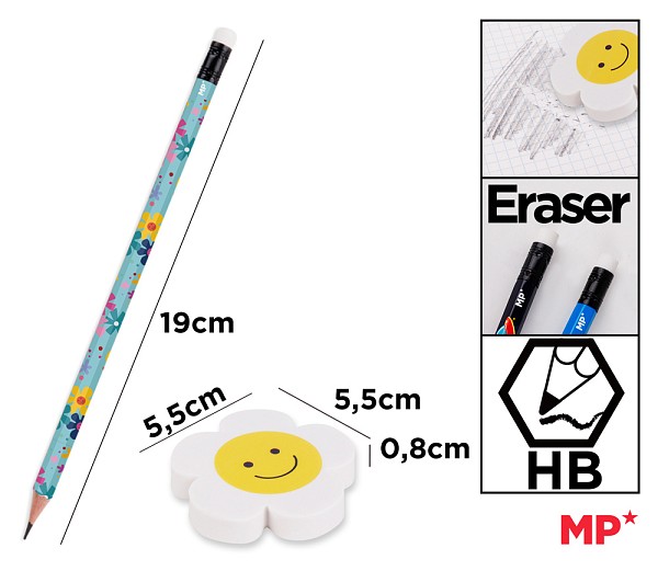 MP σετ ξύλινα μολύβια & γόμα Flowers PE356-02, εξάγωνα, HB, 5τμχ PE356-02