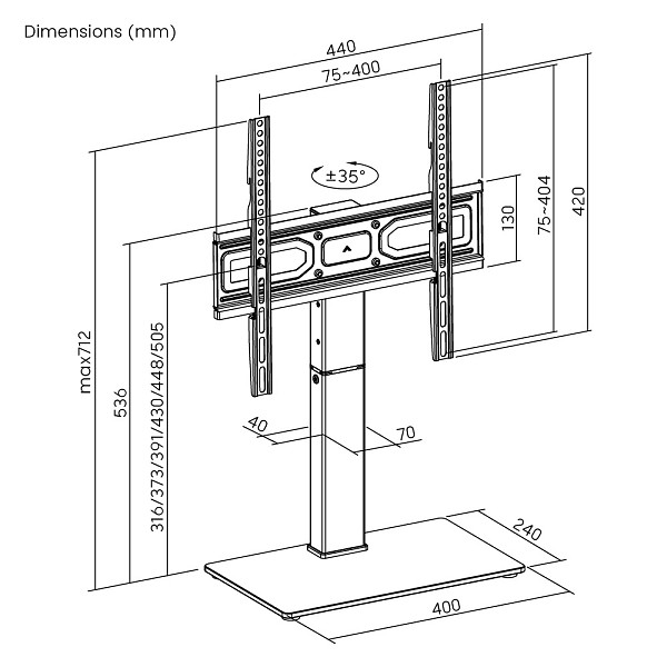 POWERTECH επιτραπέζια βάση τηλεόρασης PT-1445, 32-65, έως 40kg PT-1445