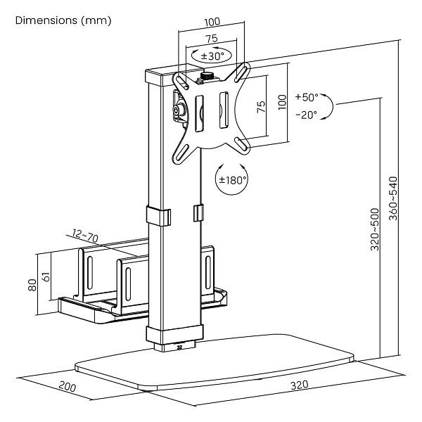 POWERTECH βάση γραφείου οθόνης PT-1449 με βάση mini PC, 17-32, έως 8kg PT-1449