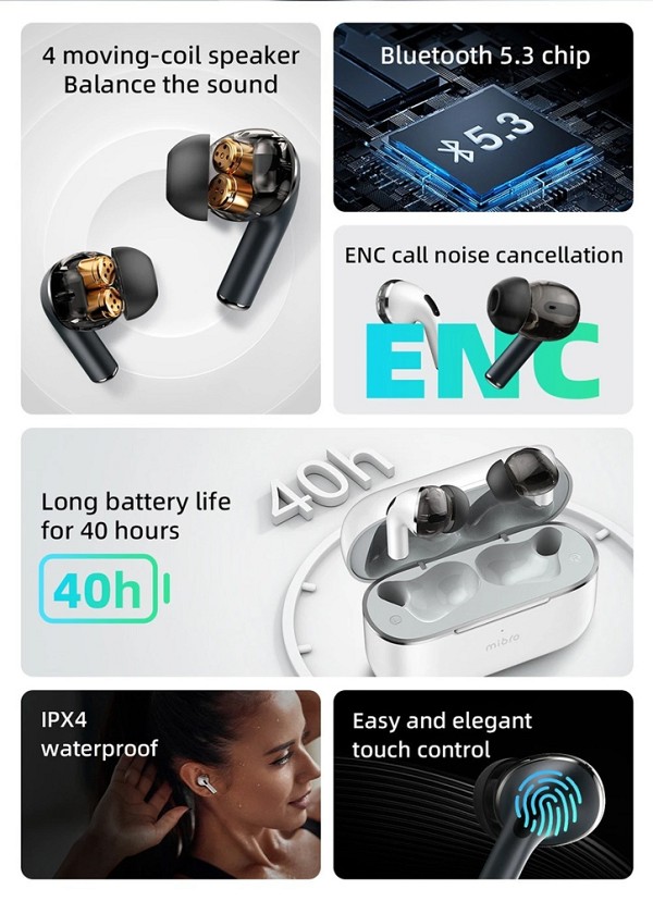 MIBRO earphones με θήκη φόρτισης M1, TWS, ENC, 25/350mAh, μπλε MBR-M1-BL
