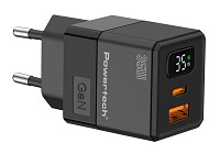 POWERTECH φορτιστής τοίχου PT-1499 με οθόνη, USB/USB-C, 35W, GaN, μαύρος PT-1499