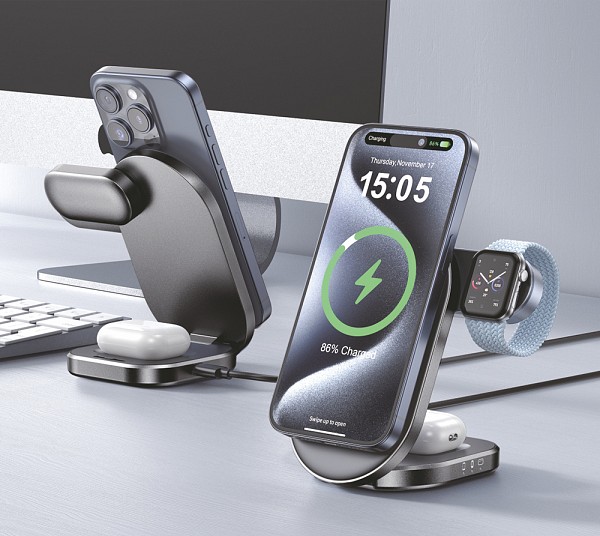 POWERTECH ασύρματος φορτιστής PT-1491, 3 σε 1, Qi2, 15W, μαύρος PT-1491