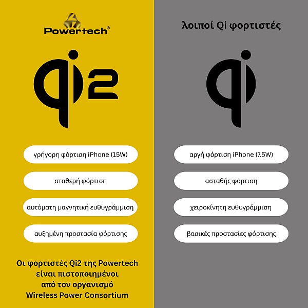 POWERTECH ασύρματος φορτιστής PT-1491, 3 σε 1, Qi2, 15W, μαύρος PT-1491