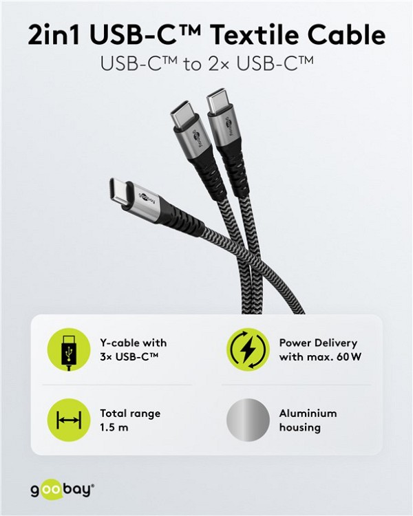 GOOBAY καλώδιο USB-C σε 2x USB-C 75739, 60W, 480Mbps, 1.5m, γκρι 75739