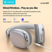 CELEBRAT headphones A39, ασύρματα & ενσύρματα, micro SD, 40mm, 400mAh, ασημί A39-SL