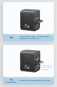 USAMS φορτιστής/αντάπτορας πρίζας CC309, USB & 2x USB-C, universal, 25W, μαύρος CC309TC01