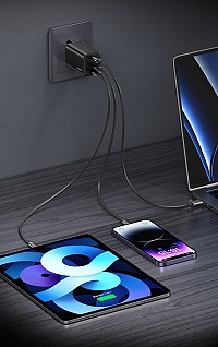 USAMS φορτιστής τοίχου CC265, USB & 2x USB-C, 67W, GaN, μαύρος CC265TC01