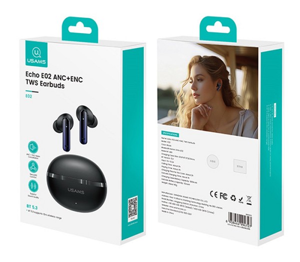 USAMS earphones με θήκη φόρτισης E02, TWS, ANC & ENC, Φ10mm, 35/300mAh, μαύρα BHE0201