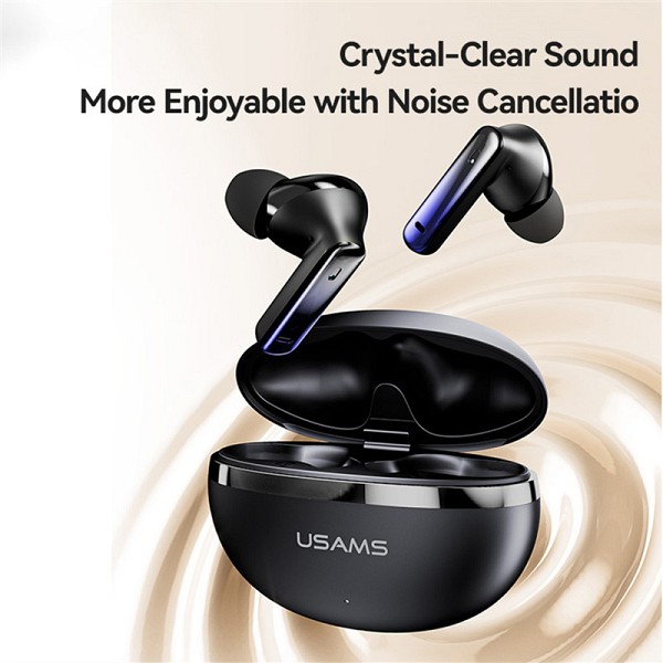 USAMS earphones με θήκη φόρτισης E02, TWS, ANC & ENC, Φ10mm, 35/300mAh, μαύρα BHE0201