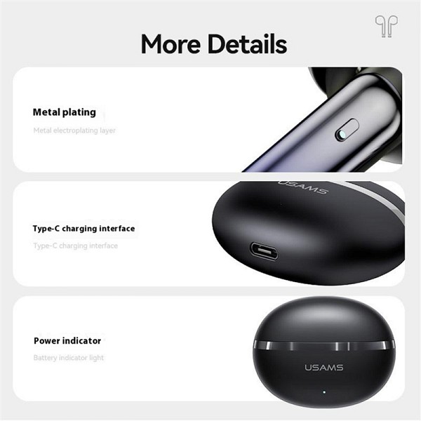 USAMS earphones με θήκη φόρτισης E02, TWS, ANC & ENC, Φ10mm, 35/300mAh, μαύρα BHE0201