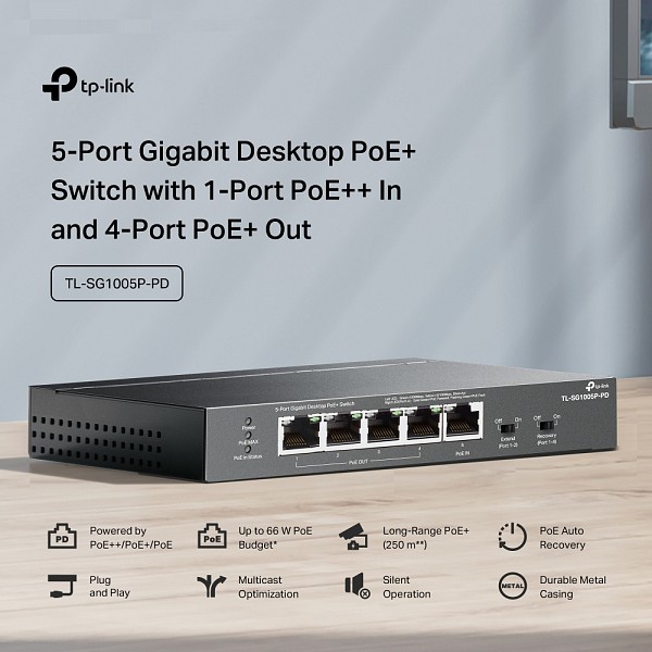 TP-LINK desktop switch TL-SG1005P-PD, 5x Gigabit θύρες, PoE+, UN/1.0 TL-SG1005P-PD