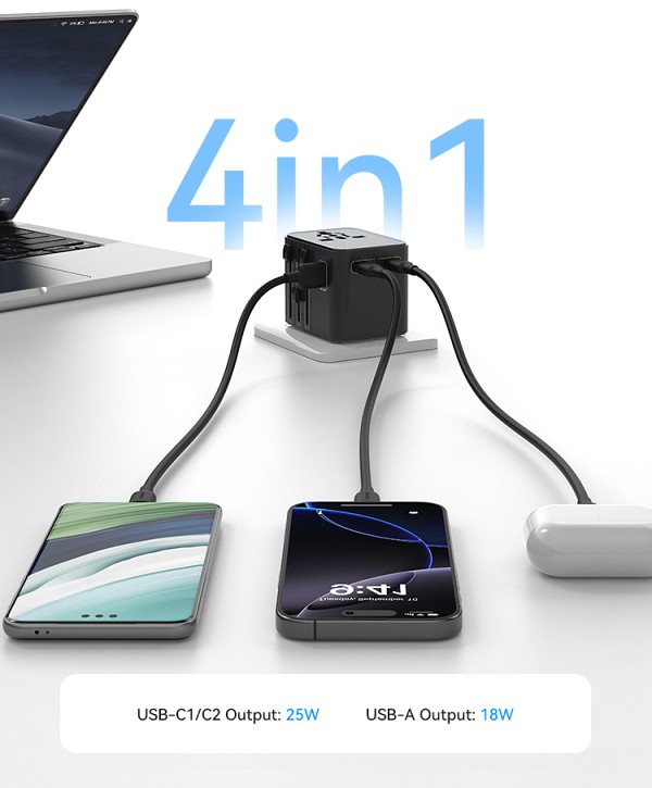 USAMS φορτιστής/αντάπτορας πρίζας CC309, USB & 2x USB-C, universal, 25W, μαύρος CC309TC01