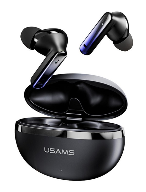 USAMS earphones με θήκη φόρτισης E02, TWS, ANC & ENC, Φ10mm, 35/300mAh, μαύρα BHE0201