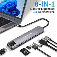 POWERTECH docking station PT-1537, 8 θυρών, USB-C σύνδεση, 100W PD, 1000Mbps, γκρι PT-1537