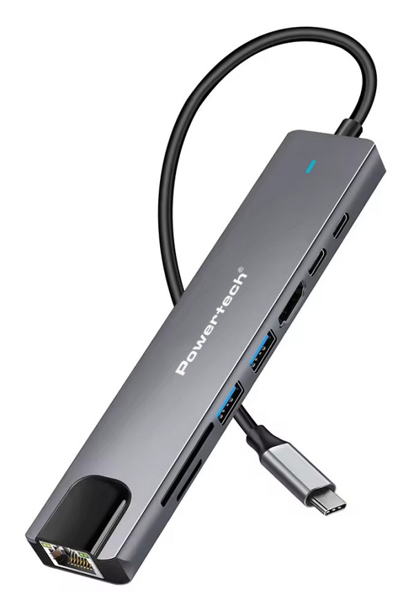 POWERTECH docking station PT-1537, 8 θυρών, USB-C σύνδεση, 100W PD, 1000Mbps, γκρι PT-1537