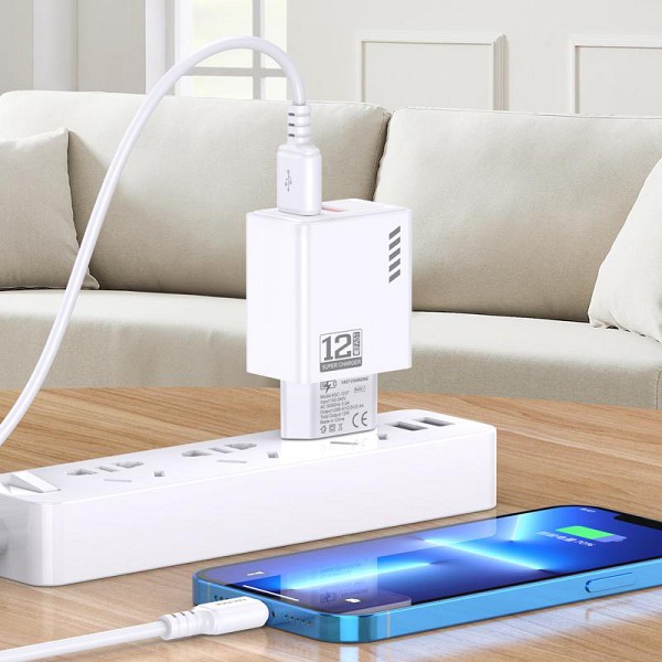 KAKUSIGA φορτιστής τοίχου KSC-1238 με καλώδιο Lightning, 2x USB, 12W, λευκός KSC-1238-L-WH