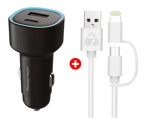 POWERTECH φορτιστής αυτοκινήτου με καλώδιο MFi USB σε micro USB/Lightning BNDL-0207, USB & USB-C, 85W, μαύρο/λευκό BNDL-0207