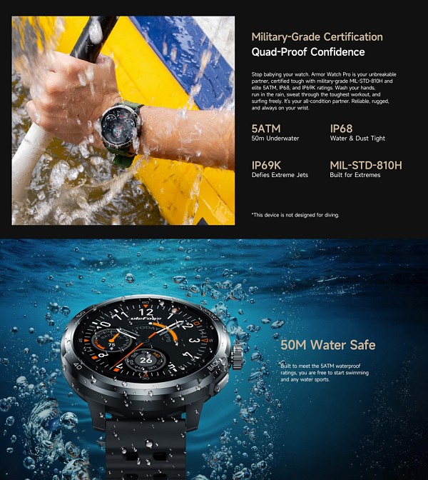 ULEFONE smartwatch Armor Watch Pro, 2x λουράκια, heart rate, 1.50 AMOLED, GPS, 5 ΑΤΜ/IP68/IP69K/MIL-STD-810H, μαύρο ARMORWATCHPRO-BK