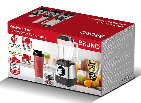 BRUNO μπλέντερ 3 σε 1 προηγμένων λειτουργιών BRN-0254, 1500W, 1.8L γυάλινη κανάτα, 6 λεπίδες, inox-μαύρο BRN-0254