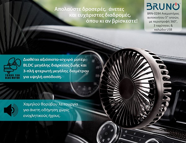BRUNO ανεμιστήρας αυτοκινήτου BRN-0284, 5 ιντσών, με περιστροφή 360°, 2 ταχύτητες και καλώδιο USB BRN-0284