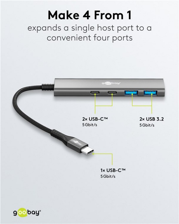 GOOBAY USB hub 76563, 4x θυρών, USB 3.2, 5Gbps, USB-C σύνδεση, γκρι 76563