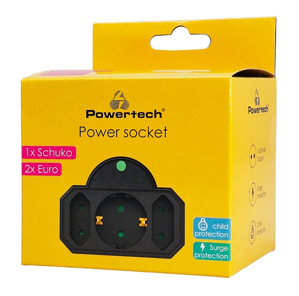 POWERTECH αντάπτορας ρεύματος PT-817, 1x schuko, 2x euro, 16A, μαύρος PT-817