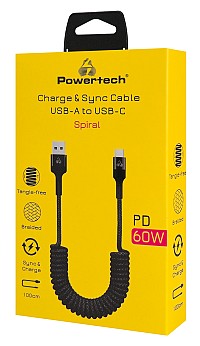 POWERTECH καλώδιο USB-C σε USB PTR-0197 με spiral καλώδιο, PD 60W, 480Mbps, 1m, μαύρο PTR-0197