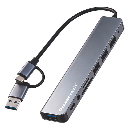 POWERTECH USB hub PTR-0205 με card reader, 8 θυρών, USB & USB-C σύνδεση, γκρι PTR-0205