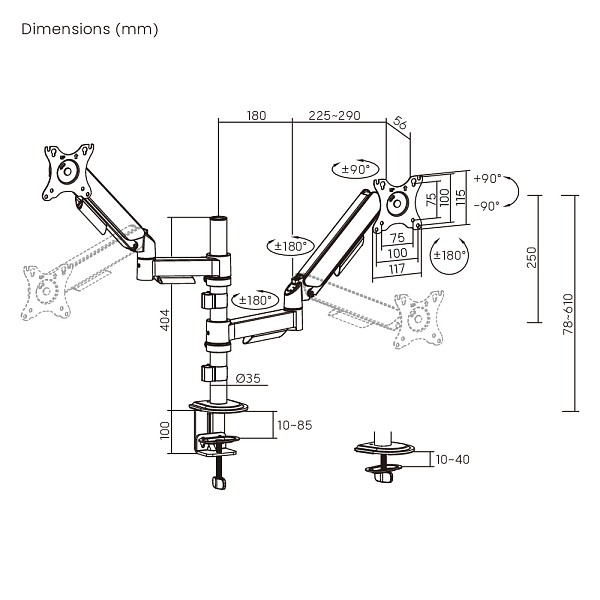 POWERTECH βάση γραφείου για 2x οθόνες PT-1628, 17-32, έως 9kg PT-1628