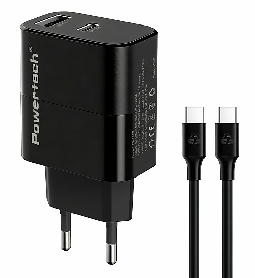 POWERTECH φορτιστής τοίχου PT-1637 με καλώδιο, USB/USB-C, 20W, μαύρος PT-1637