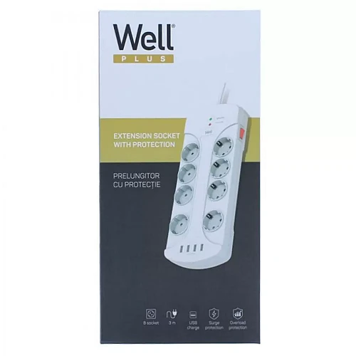 Πολύπριζο Well 8x Schuko και 4x USB με Διακόπτη 3m/3g1.5 EXTS-8S3M-PROT/USB4-WL