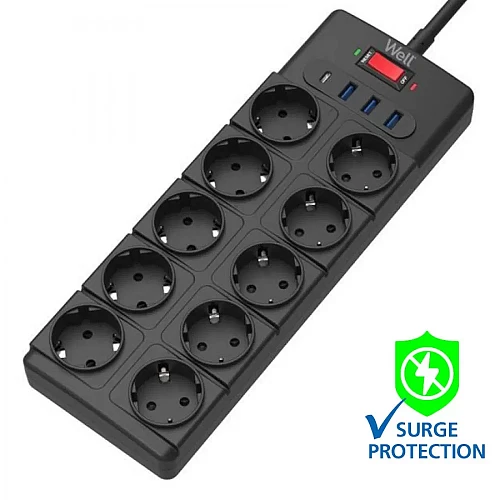 Πολύπριζο Well 10x Schuko και 3x USB A, 1x USB Type-C με Διακόπτη 2m/3g1.5 EXTS-10S2M-P