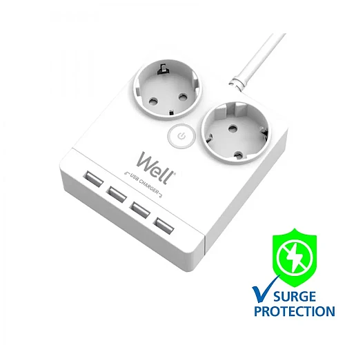 Πολύπριζο Well 2x Schuko και 4x USB 3m/3g1.5 με προστασία EXTS-2S3M-PROT/USB4-WL