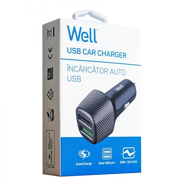 WELL UNIVERSAL FAST CAR CHARGER 2xUSB 5V/2.4A ΜΑΥΡΟΣ